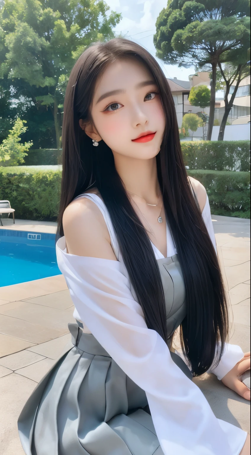 （Best quality at best, 8k, tmasterpiece:1.3)), A pretty maiden，pure，Melon seed face，gentle and cute，A sweet smile，Pure desire，Thin stature，(Street)，(tilt your head)，staring right into camera，School Uniform, inner strength, formal，Black silky long, hair straight，Long hair spread over shoulders，bigger, Round, 黑The eye，clear big eyes，Hydrated red lips，Sweet，Beautiful necklace，Delicate stud earrings，sitting at the edge of pool，with blue sky and white clouds，blue-sky，