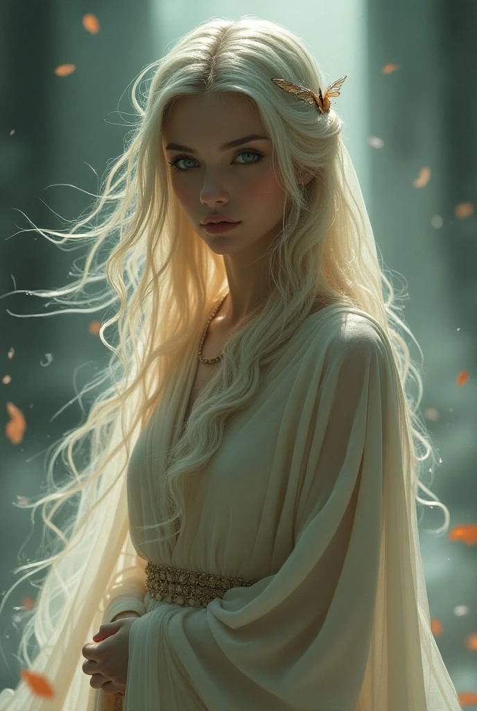 A ethereal, feminine figure with a sorrowful yet regal bearing. Long, flowing golden hair cascades down her back and shoulders. Her skin is pale and luminous, almost translucent. She has large, expressive eyes that shine with a mix of wisdom and melancholy. Ahania wears diaphanous, flowing robes in shades of pale blue and silver that seem to merge with clouds or mist around her. The robes appear almost liquid-like, shifting and swirling as if moved by an unseen breeze. H