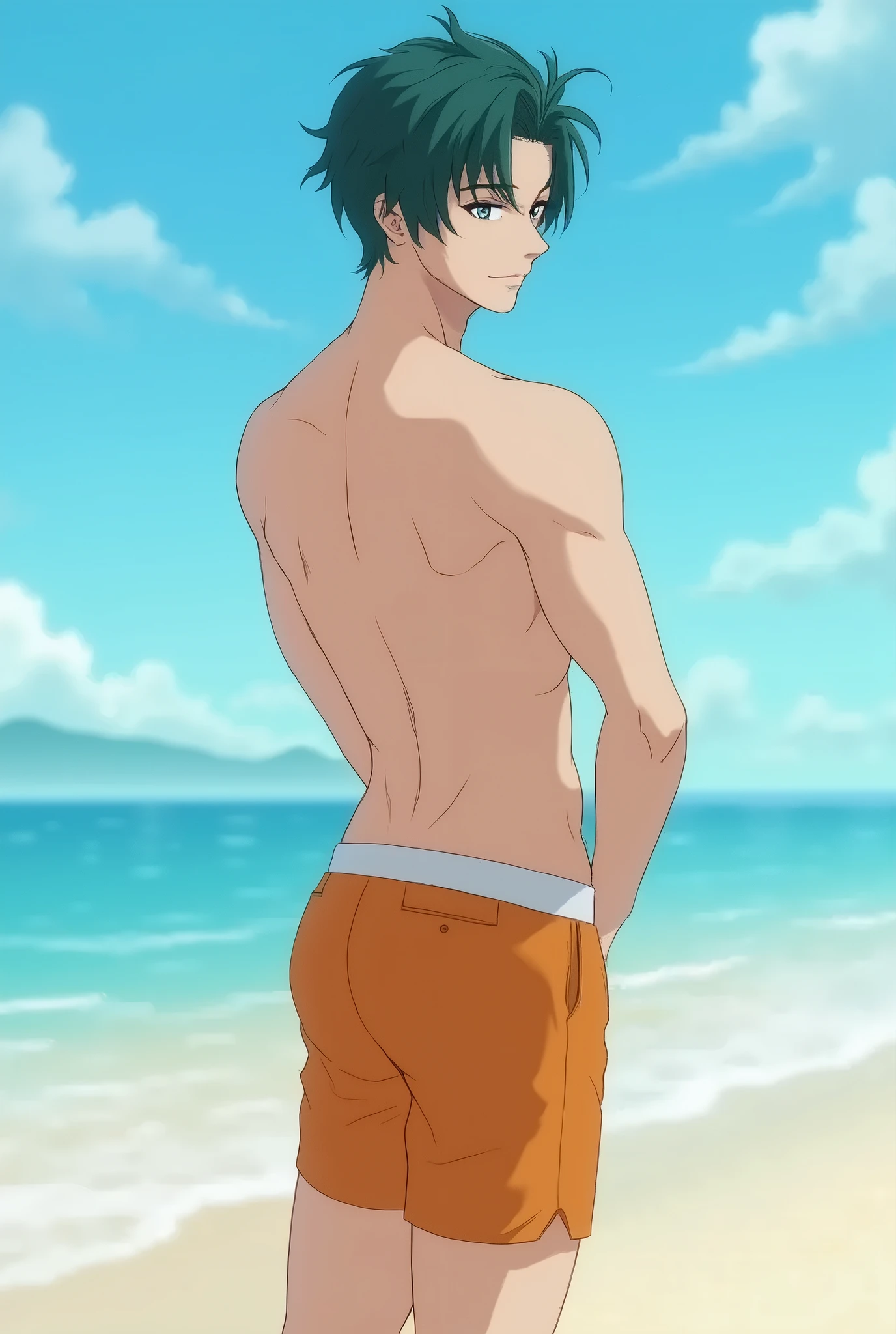 1 boy, men&#39;s Suguru Geto season 1, beach, topless, swimming trunks, Honeymoon, looking straight into the camera, smile, happiness