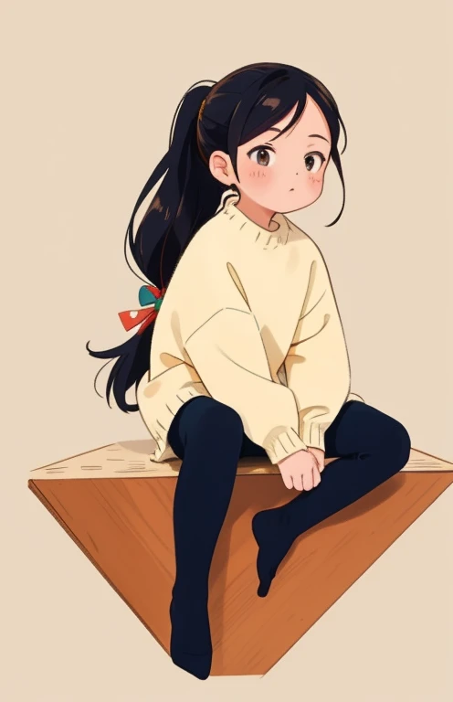 ( 1 girl, Alone), ((Best Quality, masterpiece)), (tights:1.2), 、 ponytail、Sitting、It looks warm、Wool sweater, Hot Pants , whole body,no background 