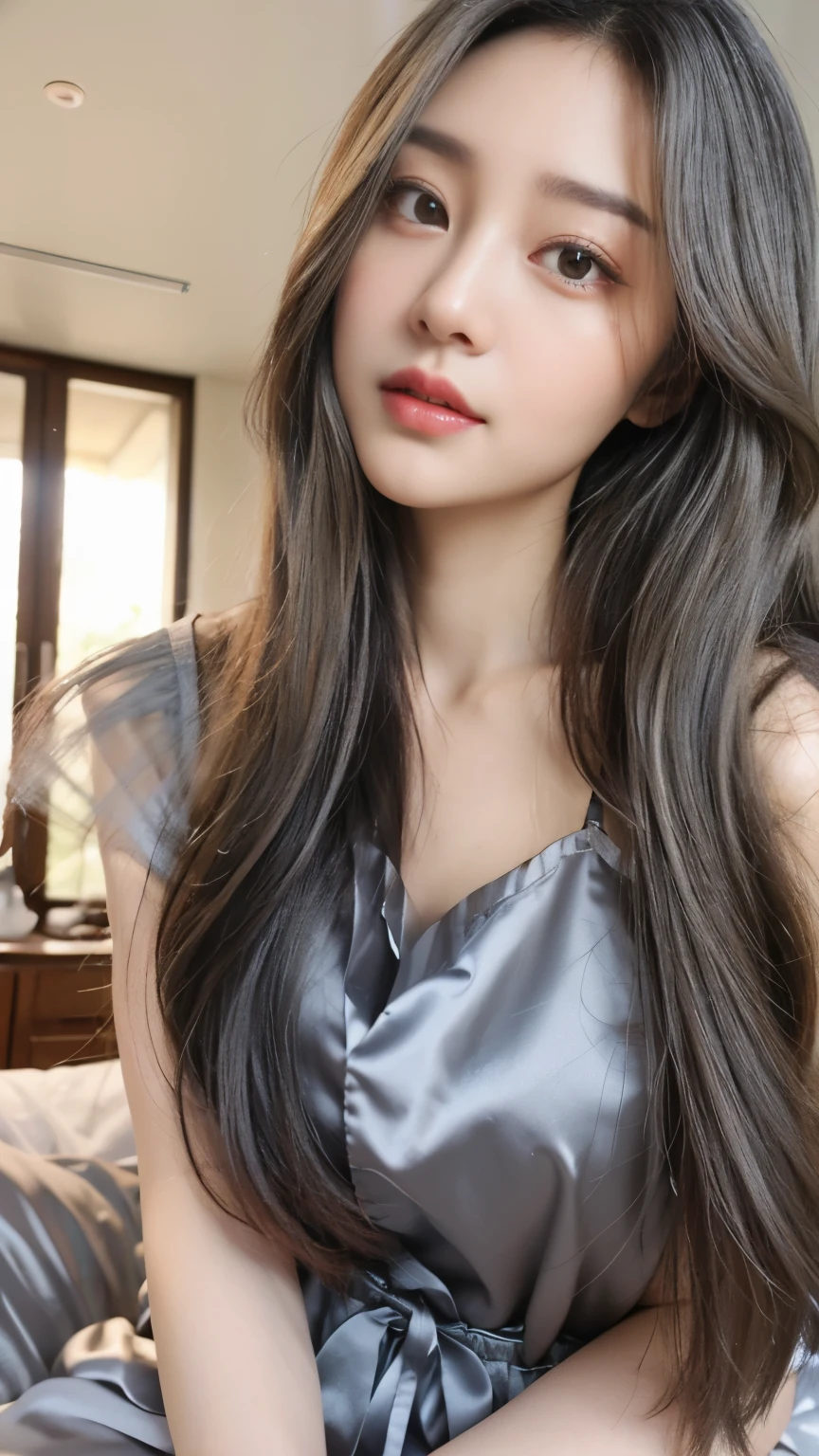 Golden eyes,The long gray hair hangs down from the front,face close-up,Flawless face,Look up slightly,short tulle pajamas