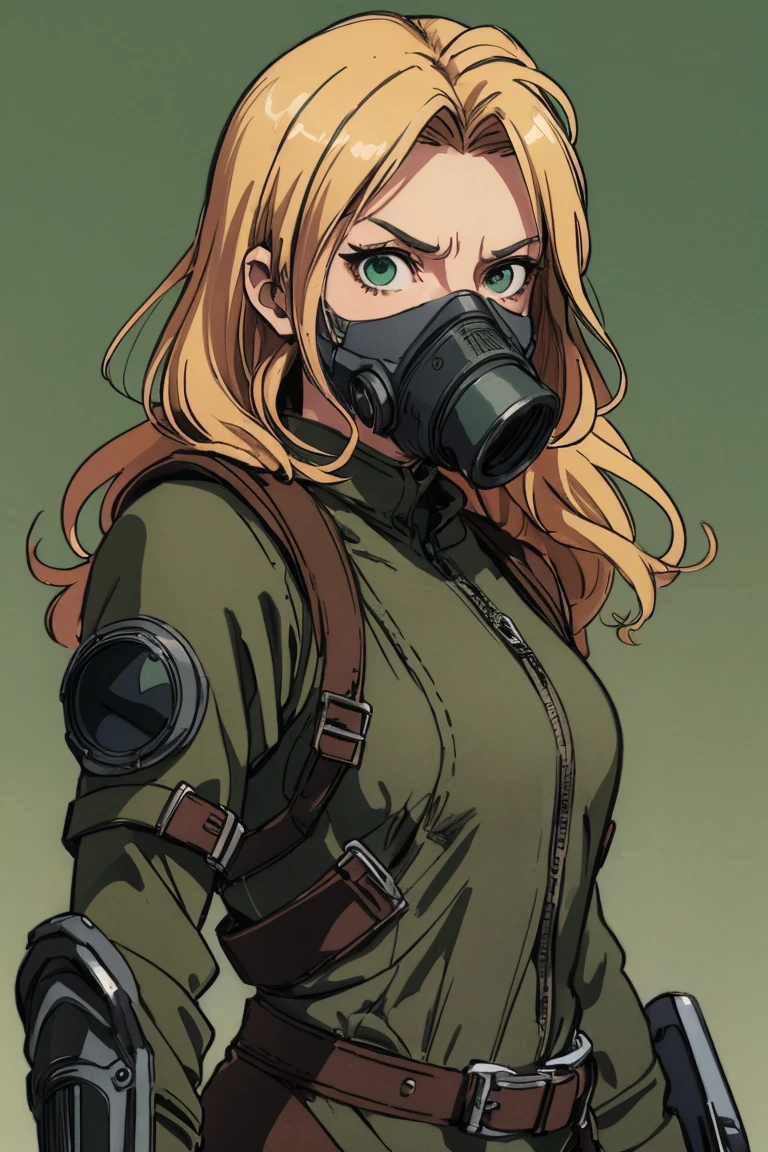 1 person, upper body, (((adult))), (((wman in her 20s))), (((mature))) post apocalyptic setting, long dark blonde hair, dark green eyes, serious expression, wearing a gas mask, anime, no mistakes, best anatomy, wasteland background masterpiece, hq, hd