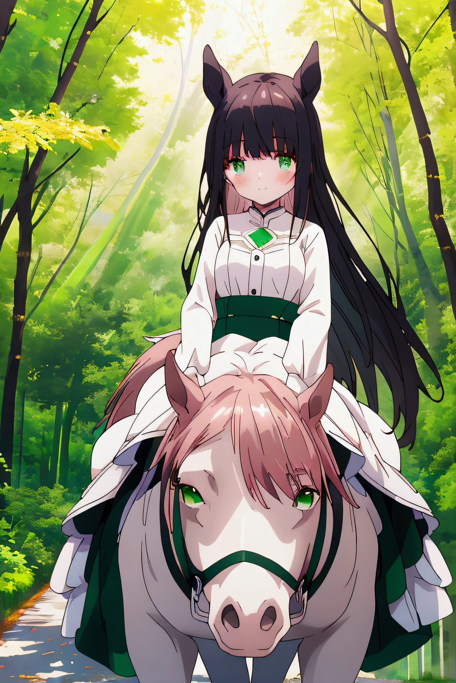 ((Best Quality、8k、masterpiece:1.3))、 Anime style 、Human Girl、1 person、1 person、((Petite、 glamorous body that rides on a horse's back、Curvy))、cute、Smiling face,Beautiful long black hair, beautiful emerald green eyes、Sitting on a horse's back , wearing a light pink dress ,Road in the forest, sunlight filtering through the trees ,