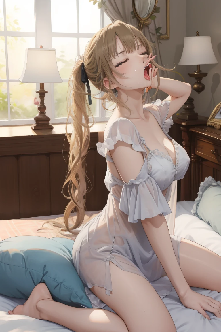 High resolution, ((Highest quality)), (Very detailed), (beautiful), ((Detailed hotel large bed top:1.3)), alone,(:1.3)、Cute face、Fine grain、(Glossy lips:1.3),(alice in wonderland costume:1.4),Anatomically correct、Off-the-shoulder dress、Wide open chest、Thighs、White and clear skin、Blue ribbon on head、Shiny pale colorful blonde long hair,Face of joy、White lace panties are visible、(Spreading her legs:1.5)、
