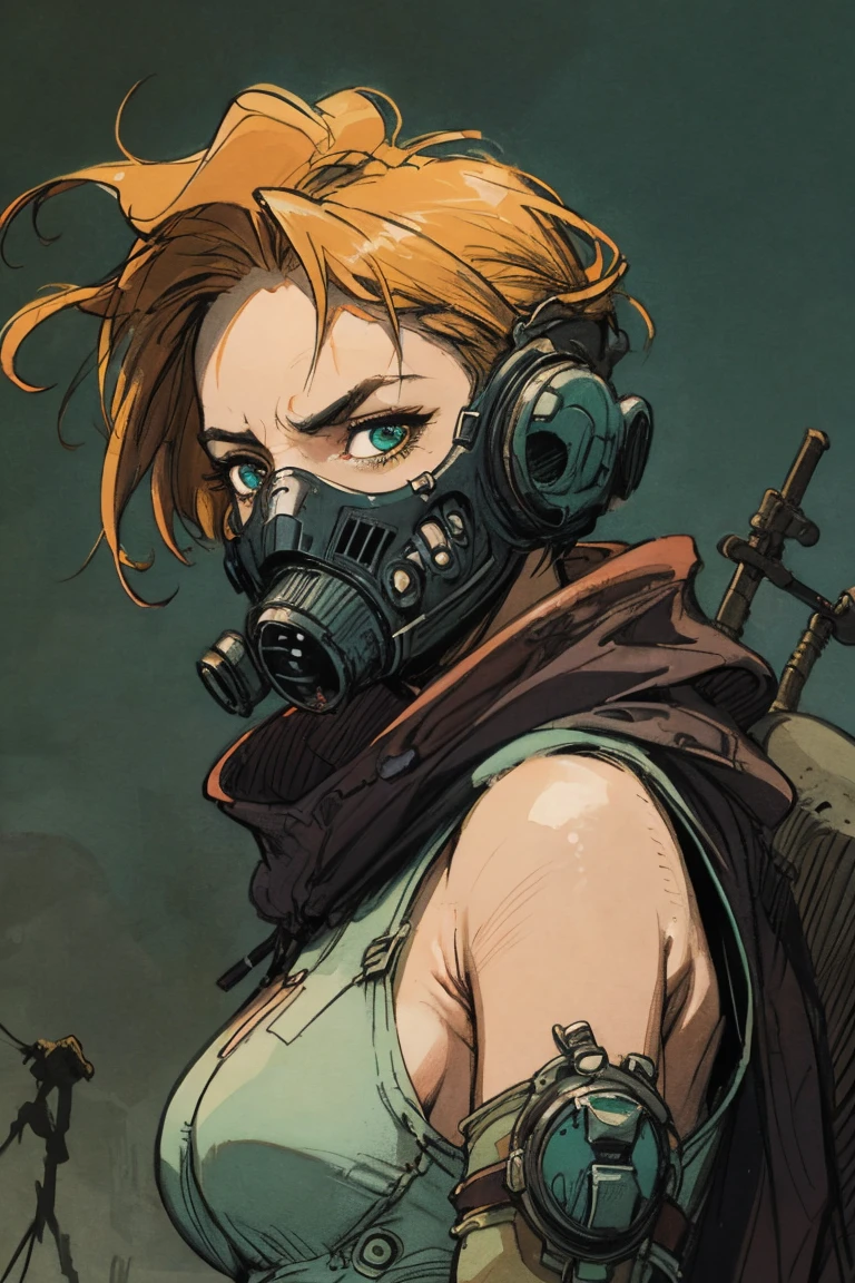 1 person, upper body, (((adult))), (((woman in her 20s))), (((mature))) post apocalyptic setting, long dark blonde hair, dark green eyes, serious expression, wearing a gas mask, anime, no mistakes, best anatomy, wasteland background masterpiece, hq, hd