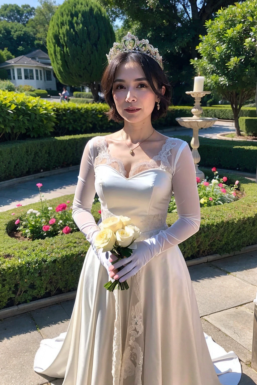 ((Masterpiece)), ((Best Quality)), A middle-aged short-hair woman, ((She is wearing an ornamental wedding dress)), She is in a garden, she is wearing a necklace, She is wearing white gloves on her hands,  black eyes