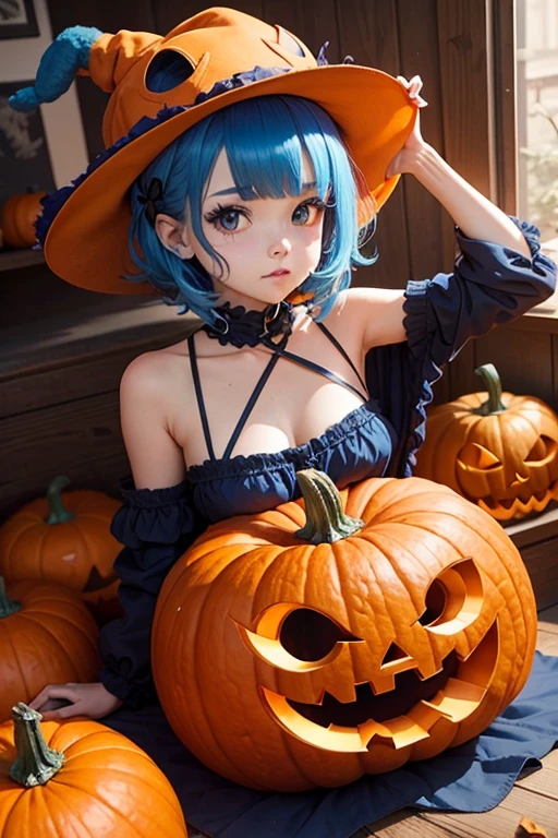 Solo girl, one piece outfit, black bikini, boobs popping out, almost naked, Halloween, big moon, Gothic castle, bats flying in background, goth girl, big eyes, blue eyes, smiling, big boobs, short hair, blue hair, sexy pose