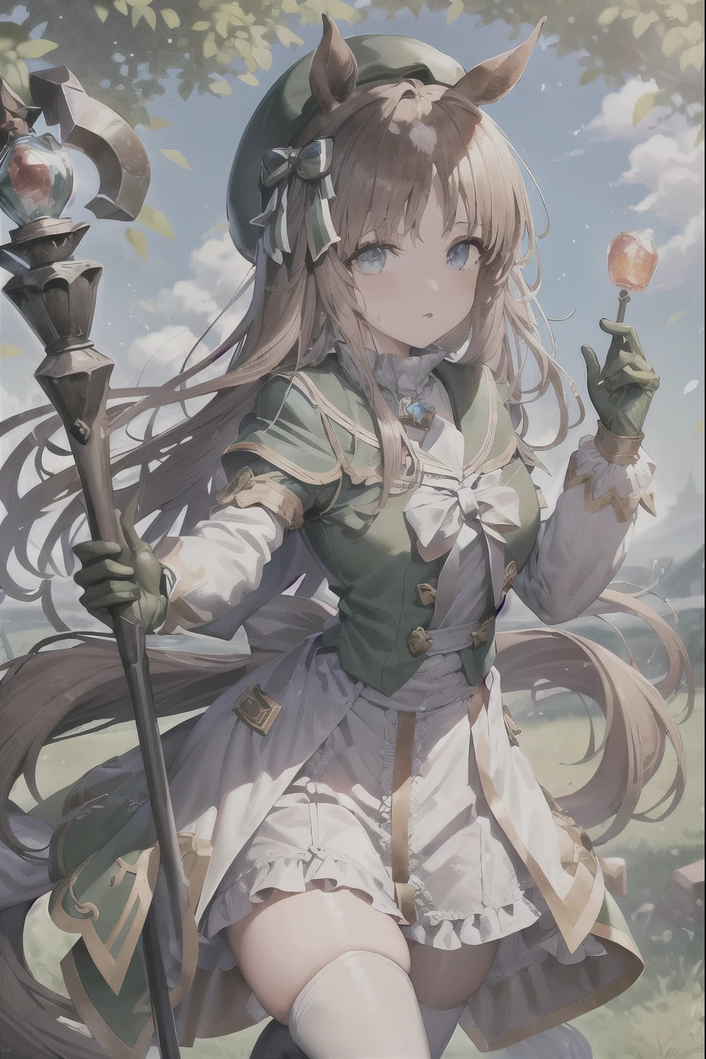 masterpiece,  best quality, 
The wonder of grass \(Horse Girl\), Horse&#39;s ears,
 fantasy,
Have, beret, Green headdress,   white gloves in the wasteland, White Dress, Long sleeve, Official costume,  Organizing staff,  detailed background with white knee-high , gem
 