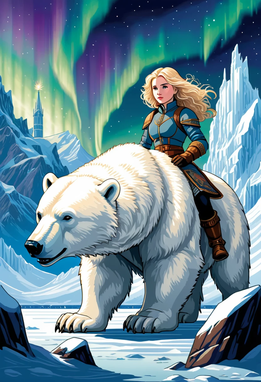 16bit pixel art, promotional poster, promotional art for "The Golden Compass," 16bit video game art, for a game based on renowned novel "The Golden Compass" by Philip Pullman, BREAK: it features a blonde girl in arctic gear, a white ermine, a frozen dead fish, a massive polar bear wearing plate armour, above all is the northern lights in 16bit rendering, and in the lights is the outline of a cityscape