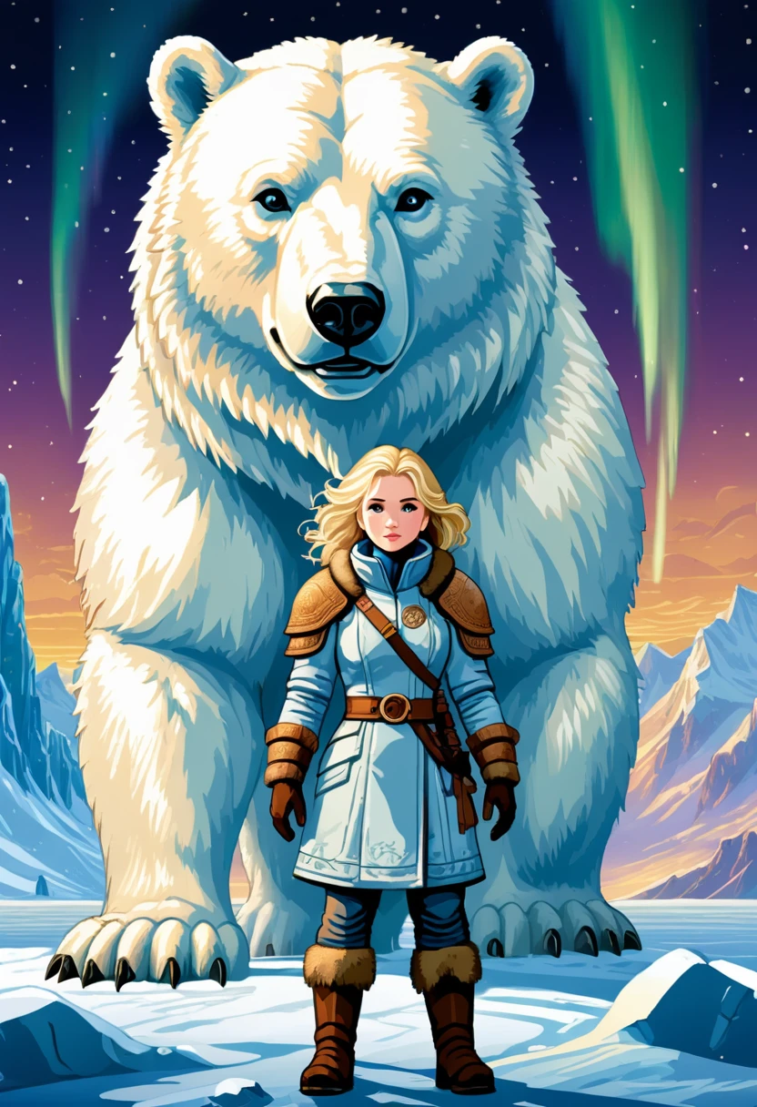 16bit pixel art, promotional poster, promotional art for "The Golden Compass," 16bit video game art, for a game based on renowned novel "The Golden Compass" by Philip Pullman, BREAK: it features a blonde girl in arctic gear, a white ermine, a frozen dead fish, a massive polar bear wearing plate armour, above all is the northern lights in 16bit rendering, and in the lights is the outline of a cityscape