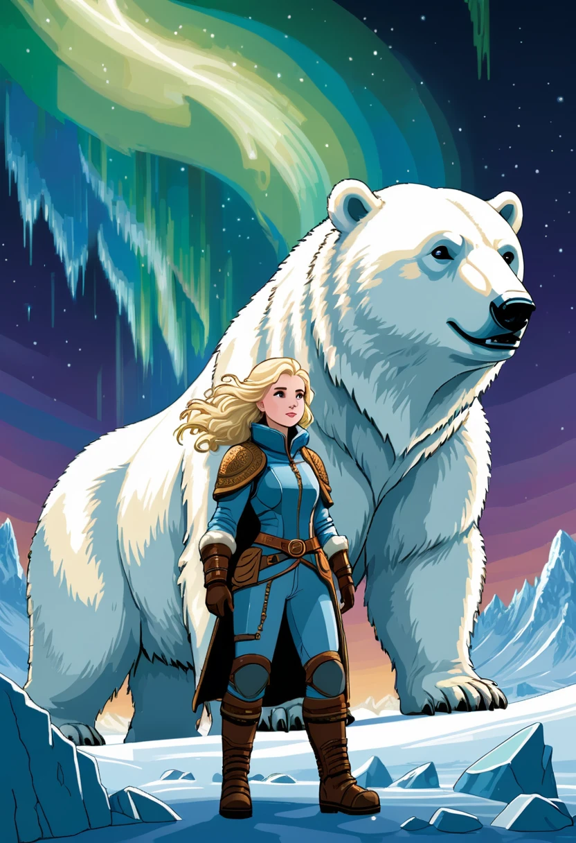 16bit pixel art, promotional poster, promotional art for "The Golden Compass," 16bit video game art, for a game based on renowned novel "The Golden Compass" by Philip Pullman, BREAK: it features a blonde girl in arctic gear, a white ermine, a frozen dead fish, a massive polar bear wearing plate armour, above all is the northern lights in 16bit rendering, and in the lights is the outline of a cityscape