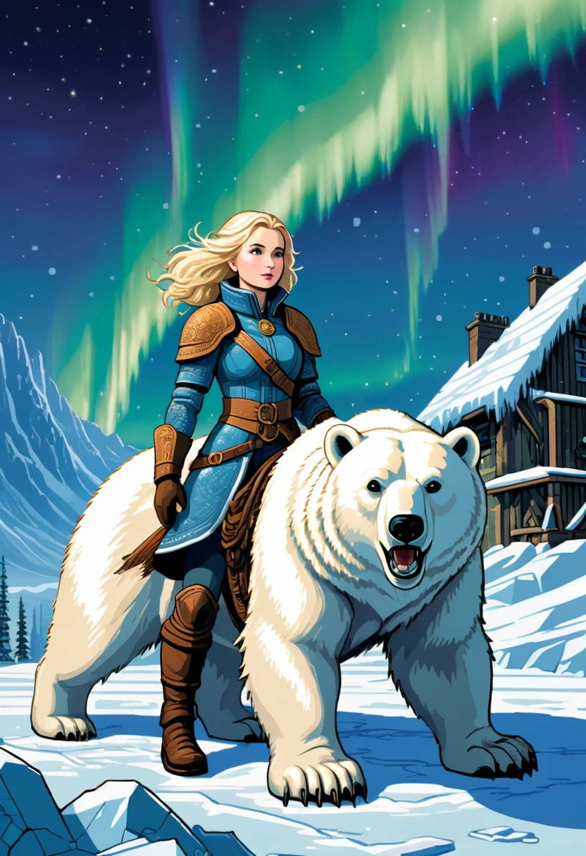 16bit pixel art, promotional poster, promotional art for "The Golden Compass," 16bit video game art, for a game based on renowned novel "The Golden Compass" by Philip Pullman, BREAK: it features a blonde girl in arctic gear, a white ermine, a frozen dead fish, a massive polar bear wearing plate armour, above all is the northern lights in 16bit rendering, and in the lights is the outline of a cityscape