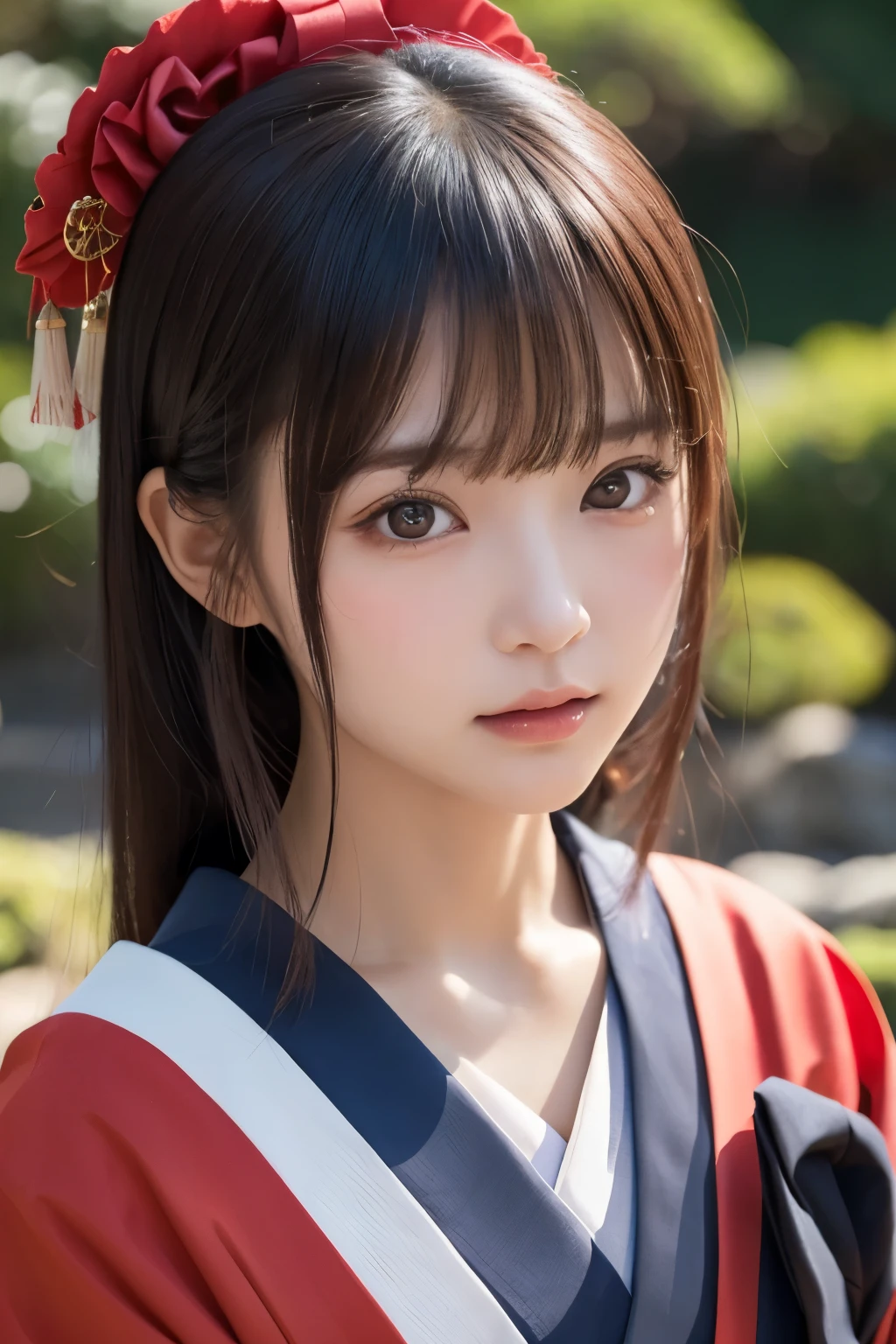 1girl, (a beauty girl, delicate girl, beautiful girl, innocent girl:1.3), (18yo:1.3),
break, (kimono, Japanese traditional costume:1.3), (cowboy shot:1.2),
break, (Japanese garden background:1.3),
break, very fine eyes, (symmetrical eyes:1.3),
break, (flat breasts:0.5), (round face, baby face), (black eyes), parted bangs, (black hair:1.2),
break, (eyes and faces with detailed:1.0),
break, (masterpiece, best quality, ultra detailed, detailed face, 8k)