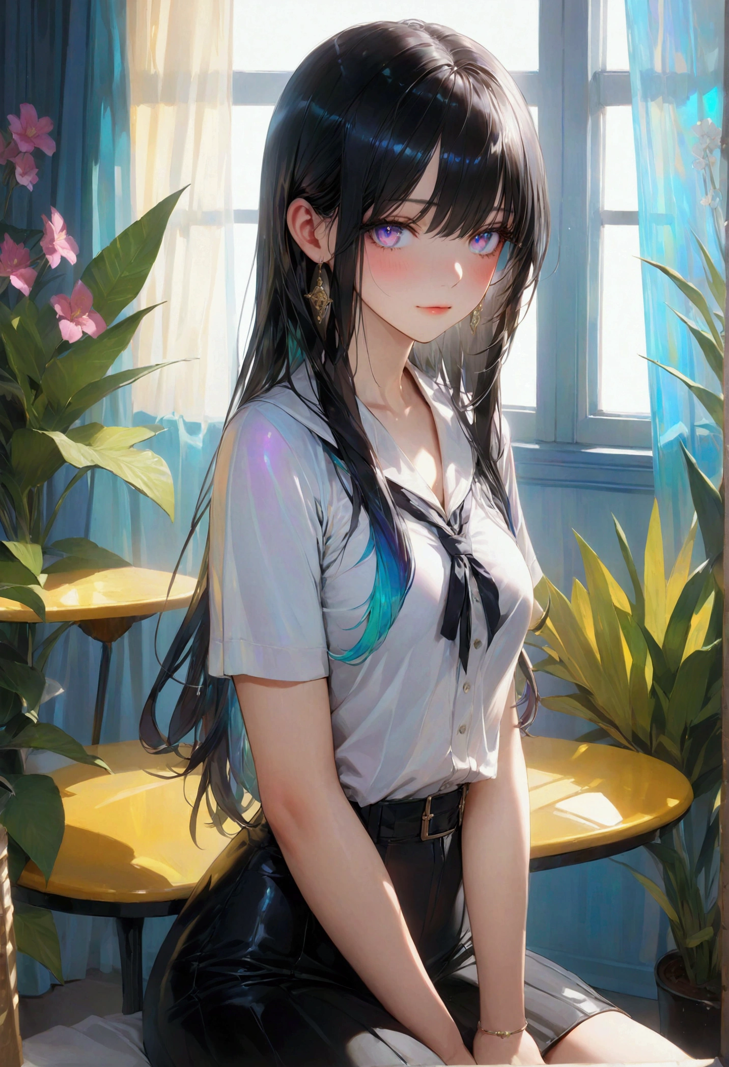 talian girl, 25 years old, very long black hair, gigantic breasts, thin, wearing a completely torn white shirt and a black pleated miniskirt, black bra, school settin