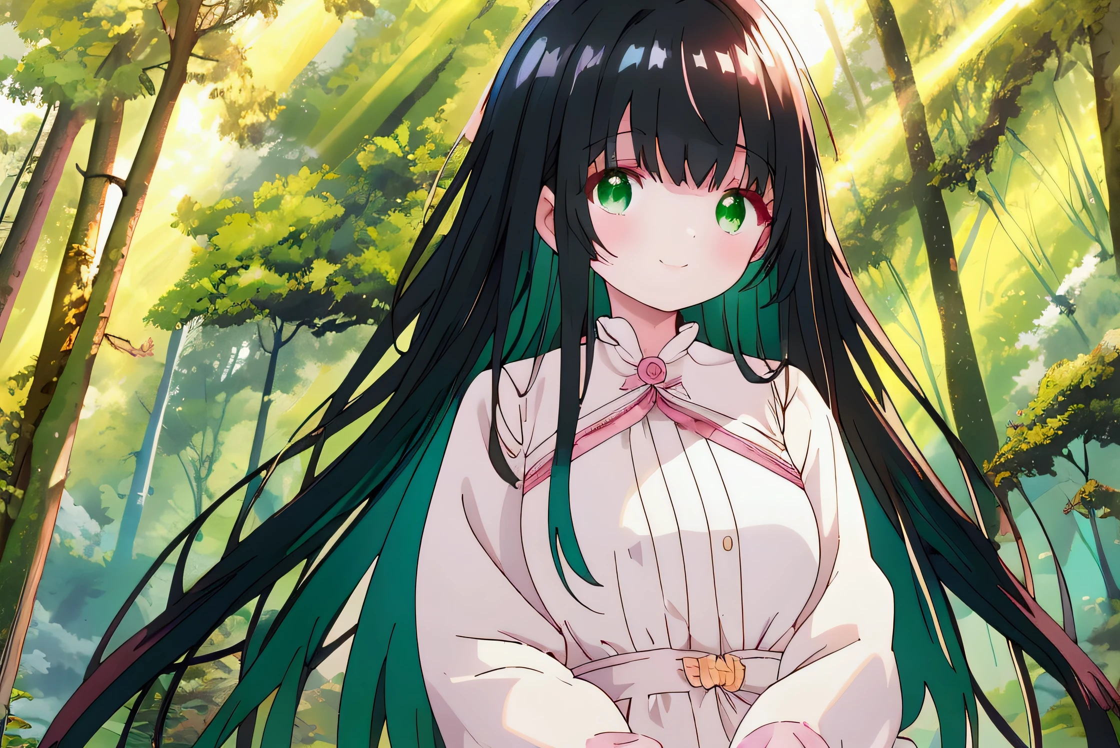 ((Best Quality、8k、masterpiece:1.3))、 Anime style 、Human Girl、1 person、1 person、((Petite、 glamorous body 、Curvy))、cute、Smiling face,Beautiful long black hair, beautiful emerald green eyes、Sitting on a horse's back , wearing a light pink dress ,Road in the forest, sunlight filtering through the trees ,
