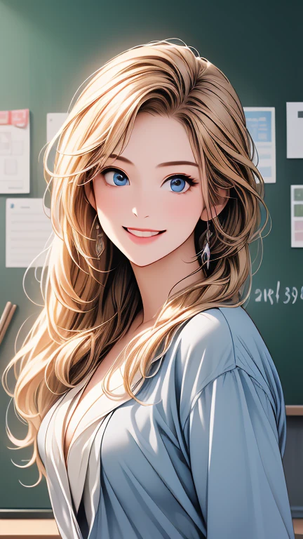  High Resolution 、 High Resolution 、 High image quality 、masterpiece、1 beautiful woman 、２５age、School teacher、blonde、blue eyes、Navy Suit、School classroom、 cute pose、blackboard、smile、((Depiction of upper body only))、((Close-up of a woman))