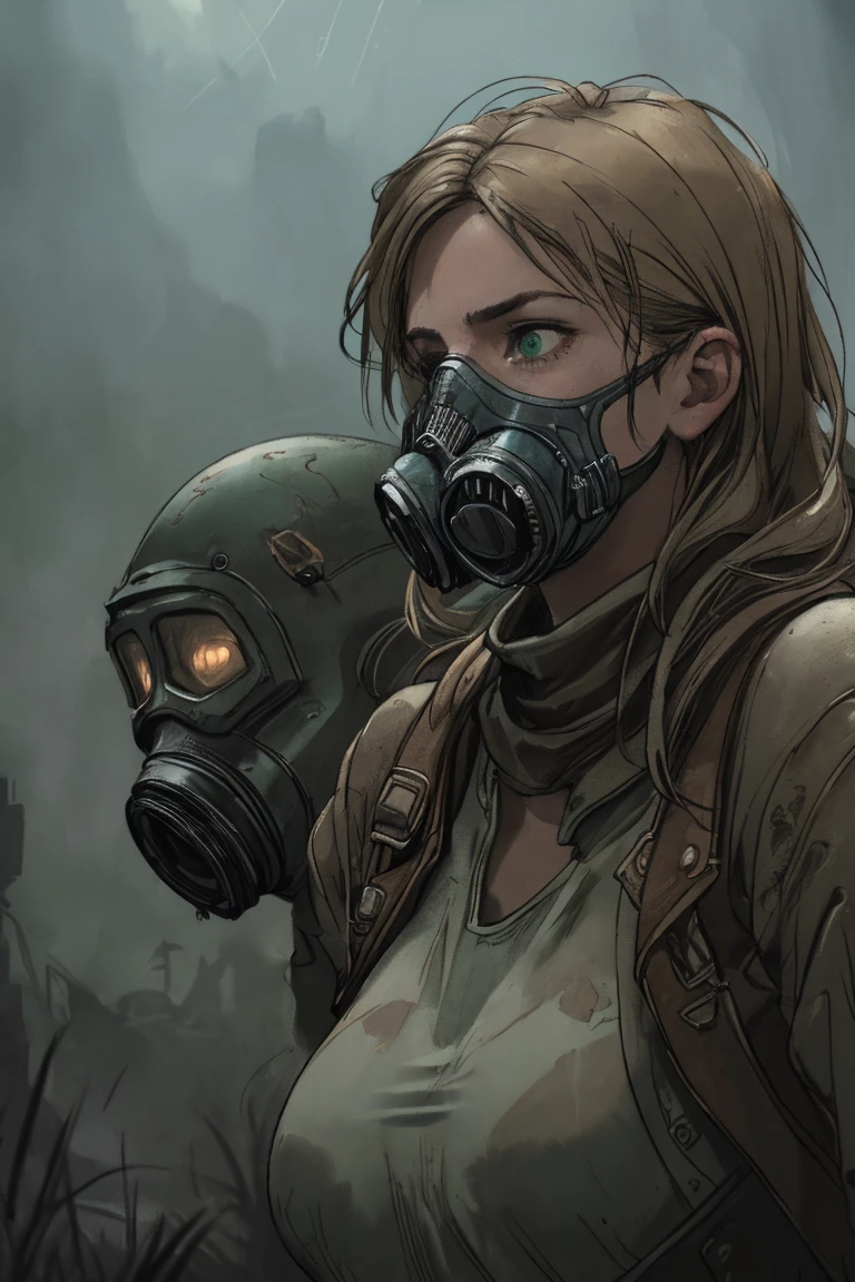 1 person, upper body, (((adult))), (((woman in her 20s))), (((mature))) post apocalyptic setting, long dark blonde hair, dark green eyes, serious expression, wearing a gas mask, anime, no mistakes, best anatomy, wasteland background masterpiece, hq, hd detailed character, detailed face, intricately detailed, dramatic lighting, post-apocalyptic, detailed textures, moody lighting, cinematic composition, muted color palette, sense of isolation and loneliness, (best quality,4k,8k,highres,masterpiece:1.2),ultra-detailed,(realistic,photorealistic,photo-realistic:1.37),intricate details, dramatic shadows, natural lighting, atmospheric haze, sense of wonder and exploration