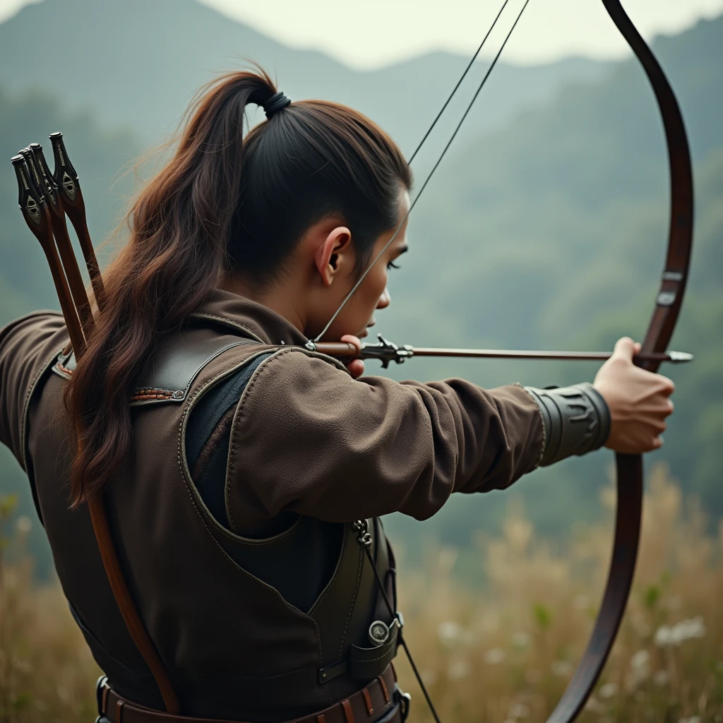 （masterpiece、high quality、High image quality、4K、8k）、  back view of a man aiming for the target with a bow and arrow、（ details：Beautiful warlord 、 slender and perfect body 、 ponytail）、 is in the back 、far and near method、outside、 photorealistic 、