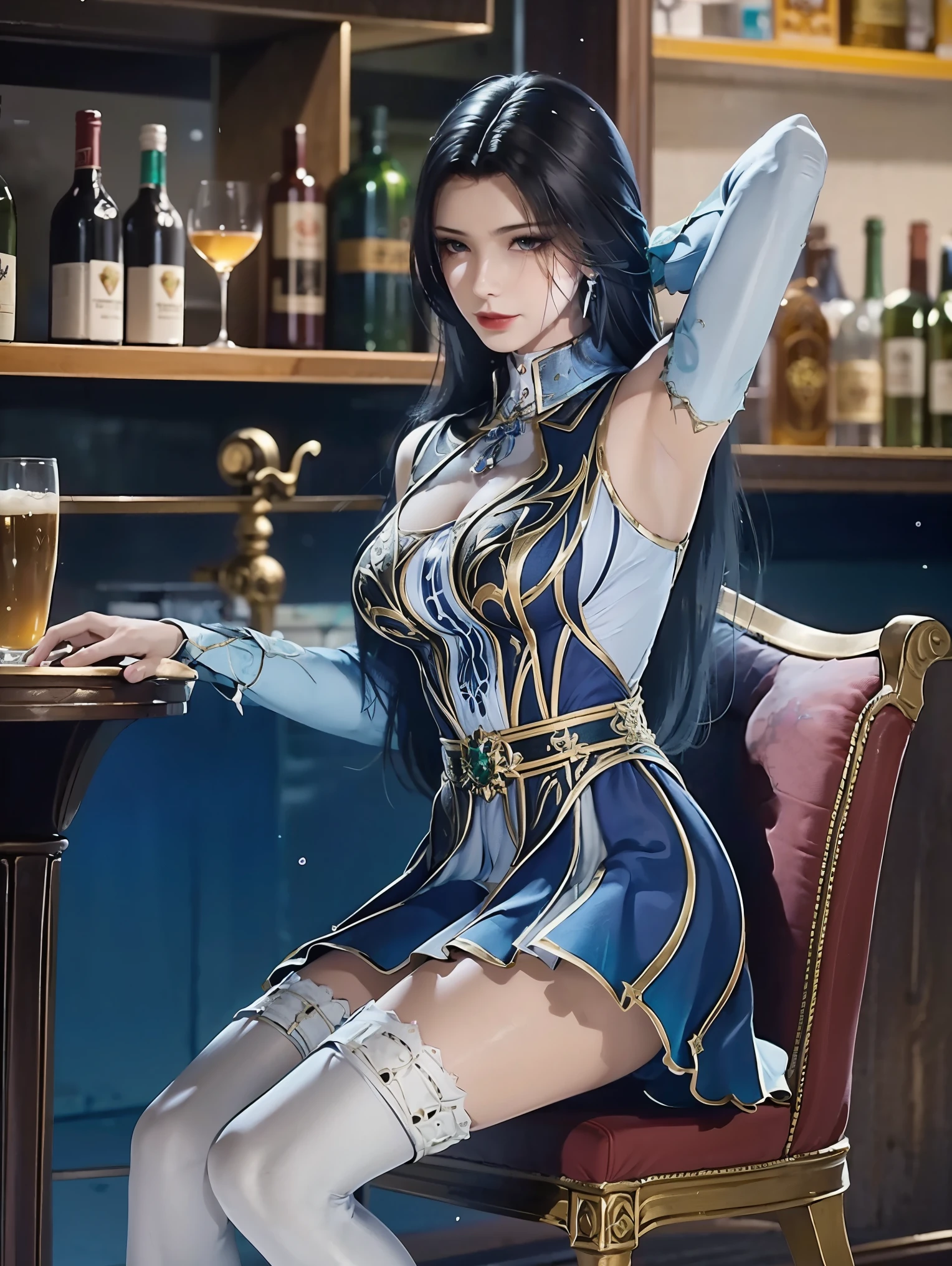 (masterpiece, best quality), Sexy female elf:1.6,(Wearing a beautiful back evening dress:1.5),hanging long necklace，Immerse yourself in a medieval fantasy world:1.0、 (at the bar:1.1), High forehead, Long straight hair:1.6,  night, Detailed aspects,Large Breasts、Big Ass、Full body photo with wide waist:1.7
(Wear sexy fantasy world costumes,Short skirt shows off beautiful long legs:1.7)
 ((Face away from the camera:1.9))((The back is very beautiful:1.9)) 
(The clothes are very sexy,Show sexy long legs:1.4)
((black hair:1.8))
((feeling in pain:1.3))((Frowning and wanting to moan:1.3)) (Close your eyes and fall asleep to have a nightmare:1.8)
Put your hands on top of your head:1.3 Show armpits:1 
((Open your mouth slightly and scream for help:1.3)) 
open beautiful legs:1.2. Curve eyebrows downward：1.2