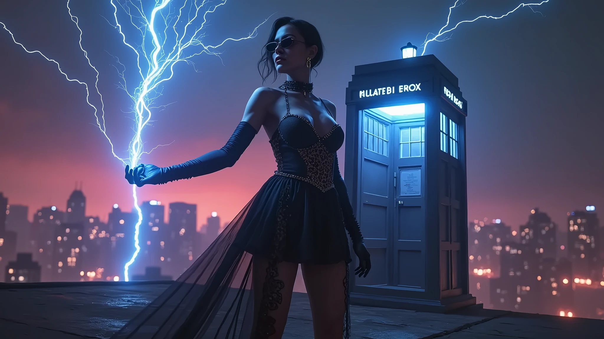 (wide angle aerial view), Resident Evil inspired ancient mysterial horrible village ruin, glowing giant ghost-like clock tower, lightning, year 1937 car, rainy night. At night, (1girl, solo, alone), photorealistic, large-breast slim:0.6 body, oval:0.5 face, cleavage:1.1, (very low angle view of pleated miniskirt), deep-v, (upskirt), glove, (Matrix style black micro sunglasses), (aiming viewer with a short gun), dynamic running pose, half-body thigh level close-up shot, cinematic lighting, ray tracing, motion blur background.