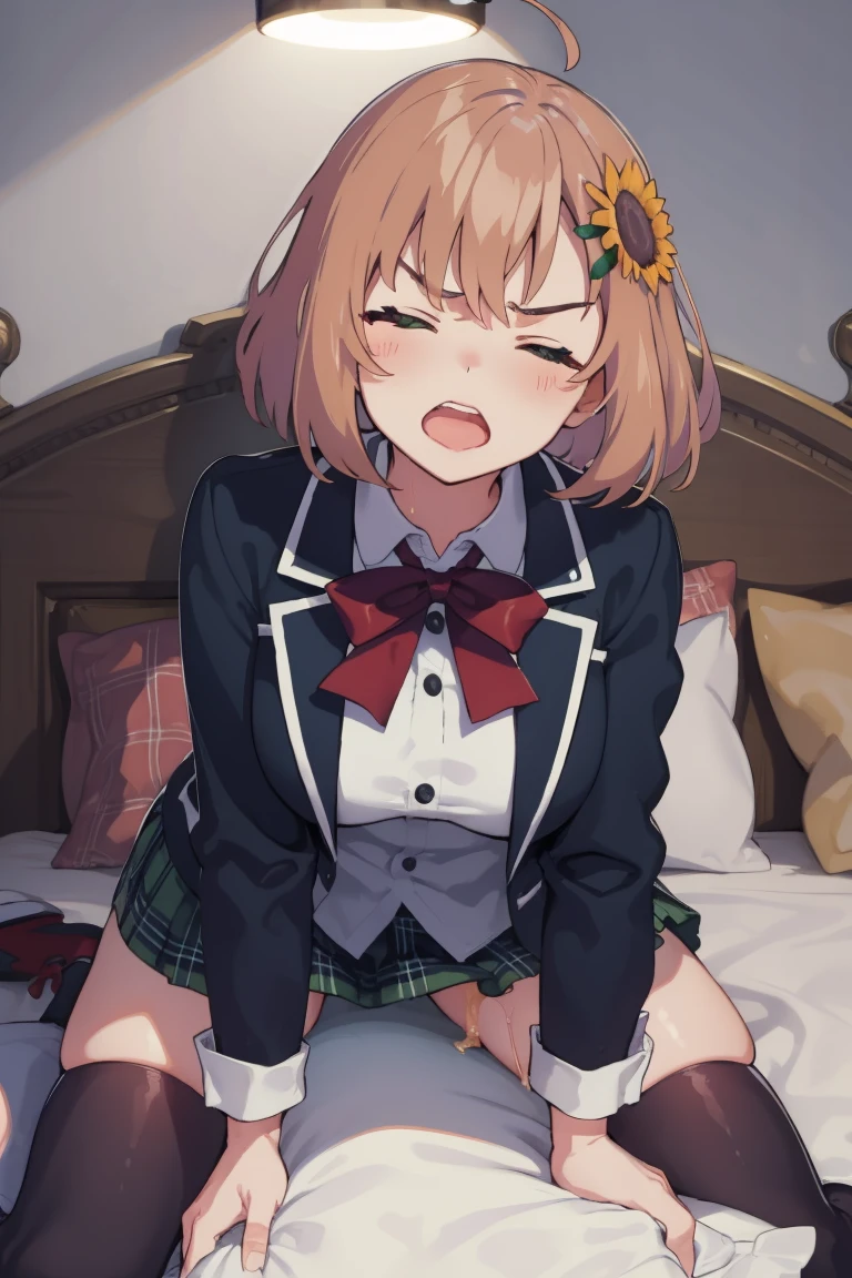 official art, best masterpiece, best quality, best resolution, 8K, best detailed, perfect anatomy
BREAK
masturbation, Straddling, pillow humping, crotch rub, (big thick pillow), (on pillow:1.2), hand between legs, (put hand on breast:1.2), (put hand on vaginal:1.3), (leaning forward, Look up:1.35)
BREAK
honma himawari, brown hair, green eyes, ahoge, sunflower hair ornament, school uniform, black jacket, plaid skirt, thighhighs, (large breasts)
BREAK
(female orgasm, ahegao), (half closed your eyes:1.4), (furrowing brow:1.5), (Angry, glare:1.3)
BREAK
Soft lighting, indirect lighting, absurd, (bed), very fine and detailed 16KCG wallpapers