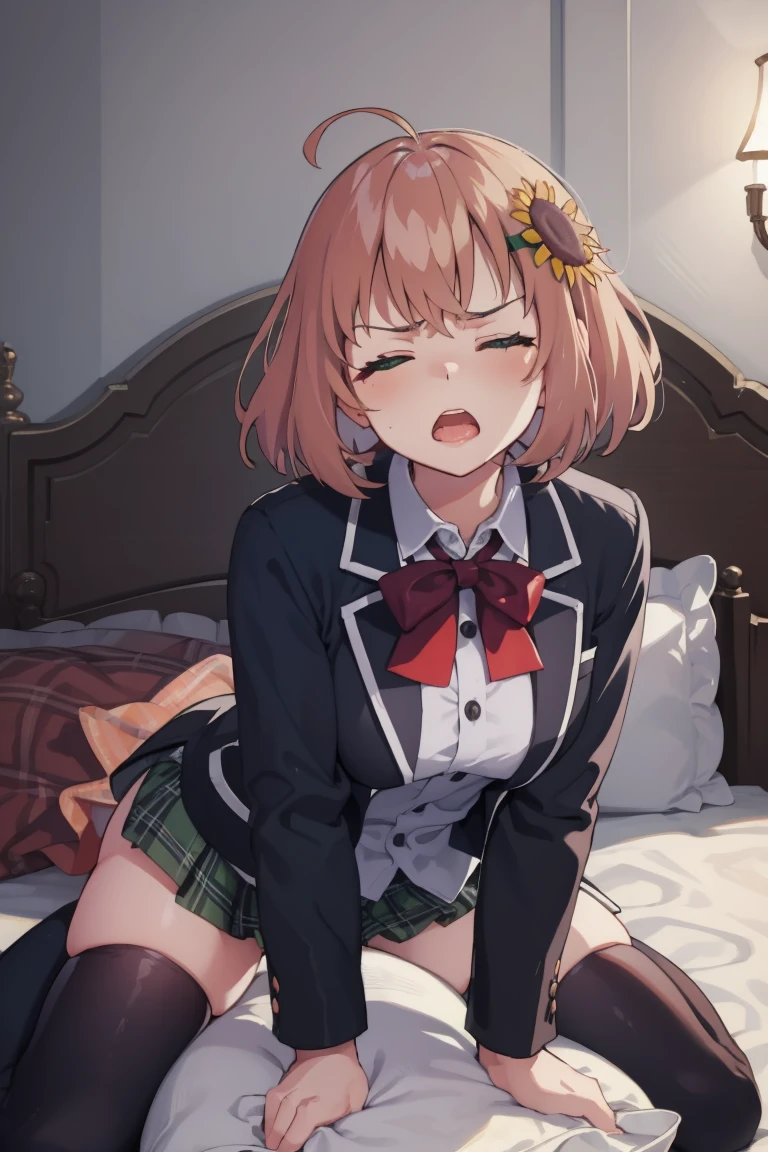 official art, best masterpiece, best quality, best resolution, 8K, best detailed, perfect anatomy
BREAK
masturbation, Straddling, pillow humping, crotch rub, (big thick pillow), (on pillow:1.2), hand between legs, (put hand on breast:1.2), (put hand on vaginal:1.3), (leaning forward, Look up:1.35)
BREAK
honma himawari, brown hair, green eyes, ahoge, sunflower hair ornament, school uniform, black jacket, plaid skirt, thighhighs, (large breasts)
BREAK
(female orgasm, ahegao), (half closed your eyes:1.4), (furrowing brow:1.5), (Angry, glare:1.3)
BREAK
Soft lighting, indirect lighting, absurd, (bed), very fine and detailed 16KCG wallpapers