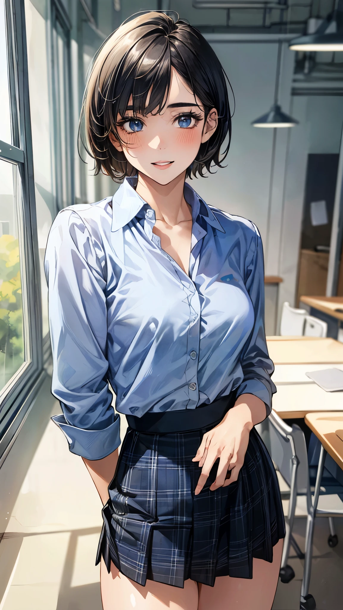 (1 female), short bob, 18 years old, Japanese, brown eyes, brown hair, slim, (flat chest), high school girl, classroom, summer uniform break at school Her blouse was semi-transparent and her bra was visible. black bra