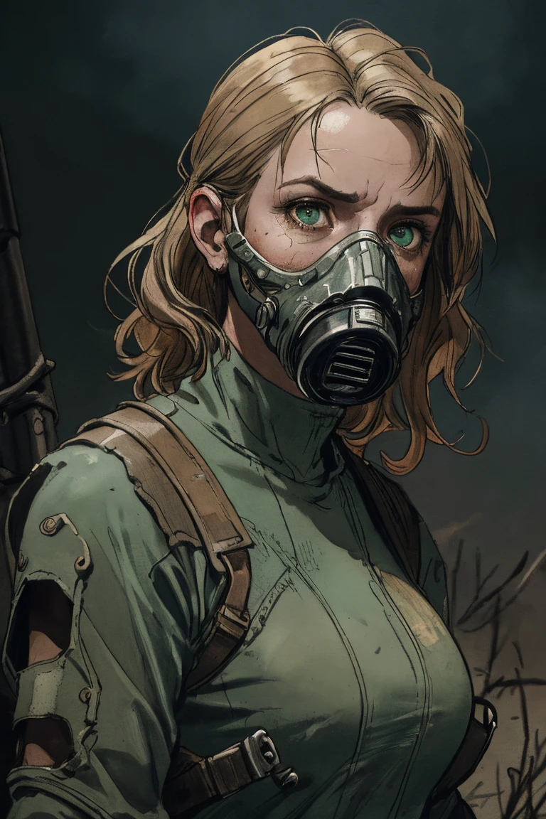 1 person, upper body, (((adult))), (((woman in her 20s))), (((mature))), standing in a wasteland, post apocalyptic setting, long dark blonde hair, dark green eyes, serious expression, wearing a gas mask, anime, no mistakes, best anatomy, wasteland background masterpiece, hq, hd detailed character, detailed face, intricately detailed, dramatic lighting, post-apocalyptic, detailed textures, moody lighting, cinematic composition, muted color palette, sense of isolation and loneliness, (best quality,4k,8k,highres,masterpiece:1.2),ultra-detailed,(realistic,photorealistic,photo-realistic:1.37),intricate details, dramatic shadows, natural lighting, atmospheric haze, sense of wonder and exploration