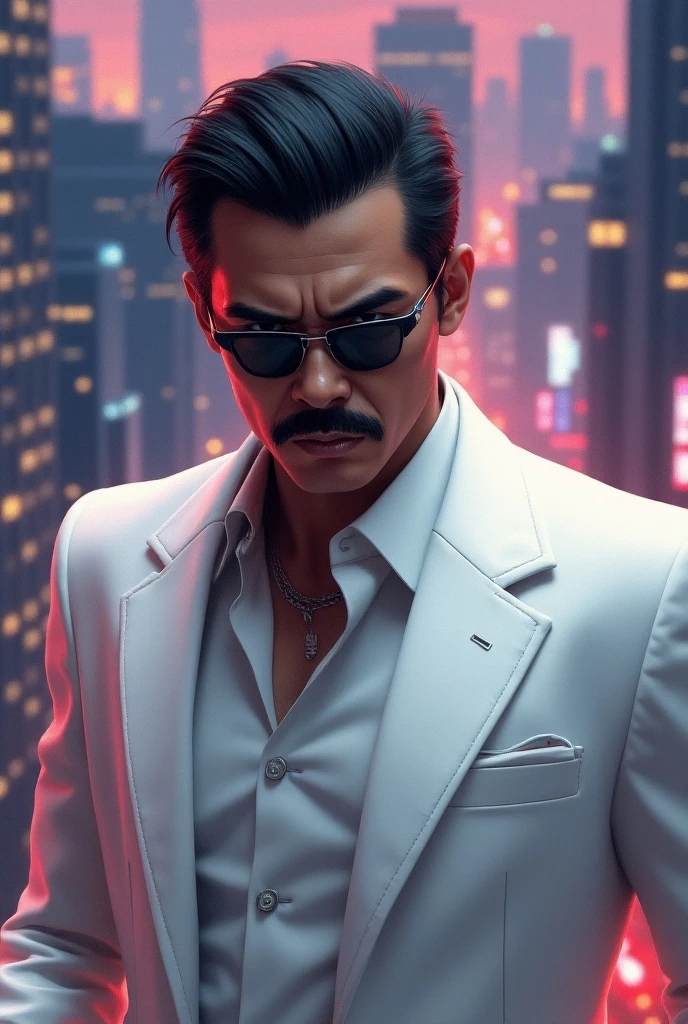 Cyberpunk man, Hispanic, Ethnically Hispanic, middle aged, slicked back hair, in a cyberpunk office, wearing a white cyberpunk business suit, focus on face, mutton chop hairstyle, no mustache or beard
