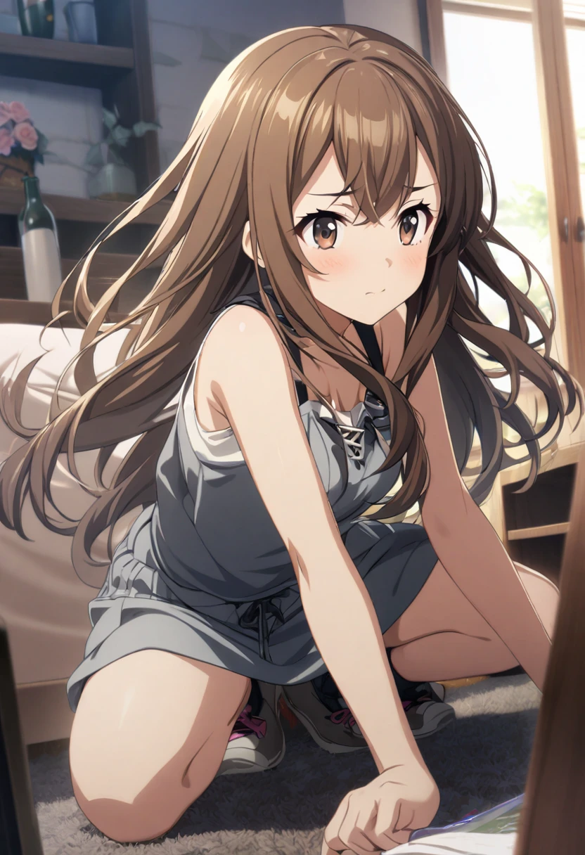 8k quality, high detailed face, masterpiece,absurdres,best quality,high quality,1girl,aisaka taiga,long brown hair, tiny thighhighs, squatting on teacher desk, indoors, classroom, school desk, window, school chair, looking at viewer,(flat chest:1.1) ),upper body, spread legs, nude body, nipples, pussy, shy, pussy juice, wet skin, spread legs, happy face, zoom out