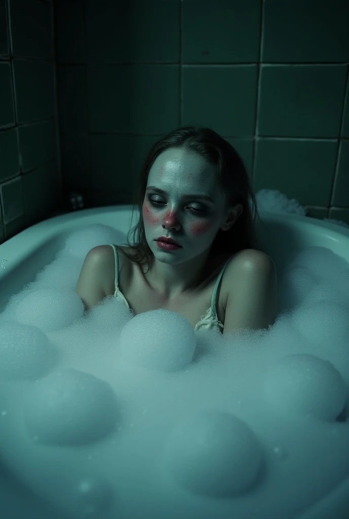 Luciwilde (a few shark features, black eyes, razor teeth over wide mouth, breasts and pubic region covered, wet water dripping from body) dangerous sultry poses. foggy interior aquarium building