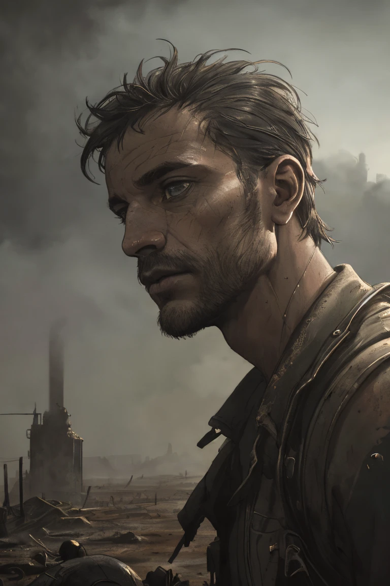 1 person, upper body, (((adult))), (((man in his 20s))), (((mature))), standing in a wasteland, post apocalyptic setting, no mistakes, best anatomy, wasteland background masterpiece, hq, hd detailed character, detailed face, intricately detailed, dramatic lighting, post-apocalyptic, detailed textures, moody lighting, cinematic composition, muted color palette, sense of isolation and loneliness, (best quality,4k,8k,highres,masterpiece:1.2),ultra-detailed,(realistic,photorealistic,photo-realistic:1.37),intricate details, dramatic shadows, natural lighting, atmospheric haze, sense of wonder and exploration