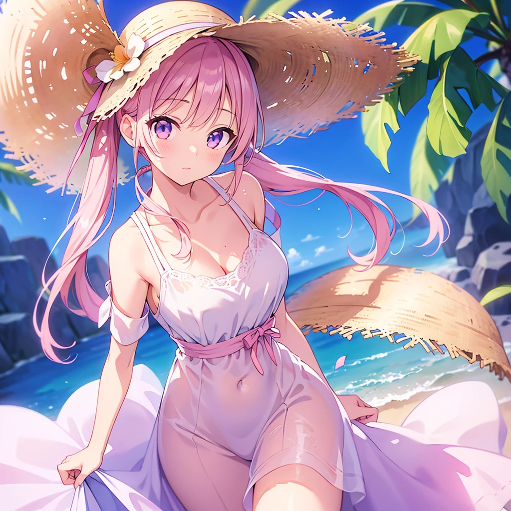 Highly detailed and realistic CG, Colorful, masutepiece, (Perfect Anatomy:1.3), Best Quality, 1girl in, Solo, Pink hair, Shiny hair, Short hair, sideburns, Red Eyes, shiny eyes, Smile, Bright with glowing iridescent colors, Lens Flare, Ocean view open-air bath, Bathing, Rock bath, (Naked towel:1.5), Chibi Ahoge, Soaking in hot water, Get your hair out, Don't wear hats, Physical education sitting,