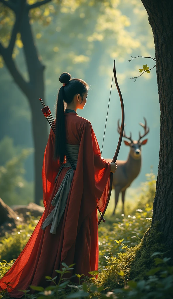 （masterpiece、high quality、High image quality、4K、8k）、  back view of a woman targeting deer with a bow and arrow、 details（Beautiful Woman、 Chinese warlord during the Han Dynasty 、 slender and perfect body 、 ponytail、）、Deer at the back of the tree 々 、far and near method、forest、 photorealistic 、