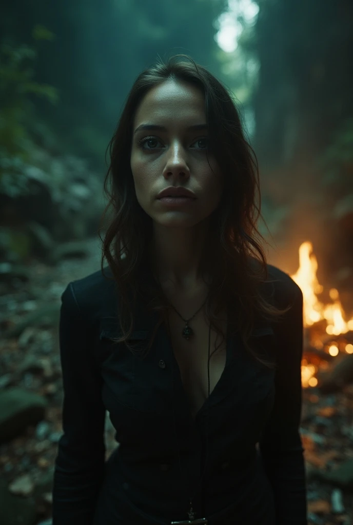 woman in front of a car, cleavage, in a forest, at night, backlight