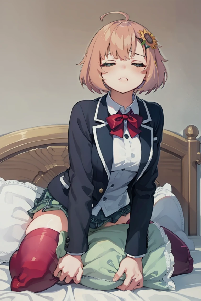 official art, best masterpiece, best quality, best resolution, 8K, best detailed, perfect anatomy
BREAK
masturbation, Straddling, pillow humping, crotch rub, (big thick pillow), (on pillow:1.2), hand between legs, (put hand on breast:1.2), (put hand on vaginal:1.3), (leaning forward, Look up:1.35)
BREAK
honma himawari, brown hair, green eyes, ahoge, sunflower hair ornament, school uniform, black jacket, plaid skirt, thighhighs, (large breasts)
BREAK
(female orgasm, ahegao), (half closed your eyes:1.4), (furrowing brow:1.3), (sad:1.3)
BREAK
Soft lighting, indirect lighting, absurd, (bed), very fine and detailed 16KCG wallpapers