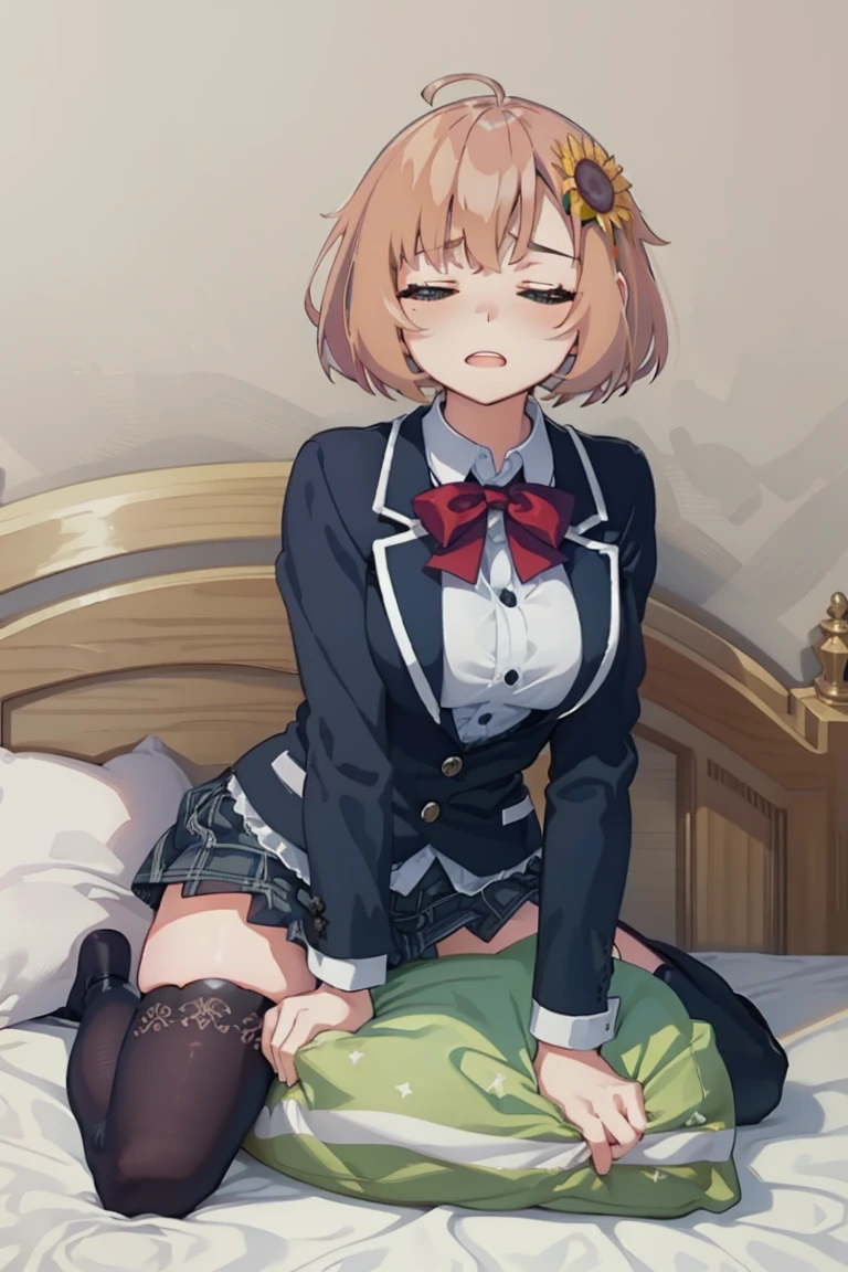 official art, best masterpiece, best quality, best resolution, 8K, best detailed, perfect anatomy
BREAK
masturbation, Straddling, pillow humping, crotch rub, (big thick pillow), (on pillow:1.2), hand between legs, (put hand on breast:1.2), (put hand on vaginal:1.3), (leaning forward, Look up:1.35)
BREAK
honma himawari, brown hair, green eyes, ahoge, sunflower hair ornament, school uniform, black jacket, plaid skirt, thighhighs, (large breasts)
BREAK
(female orgasm, ahegao), (half closed your eyes:1.4), (furrowing brow:1.3), (sad:1.3)
BREAK
Soft lighting, indirect lighting, absurd, (bed), very fine and detailed 16KCG wallpapers