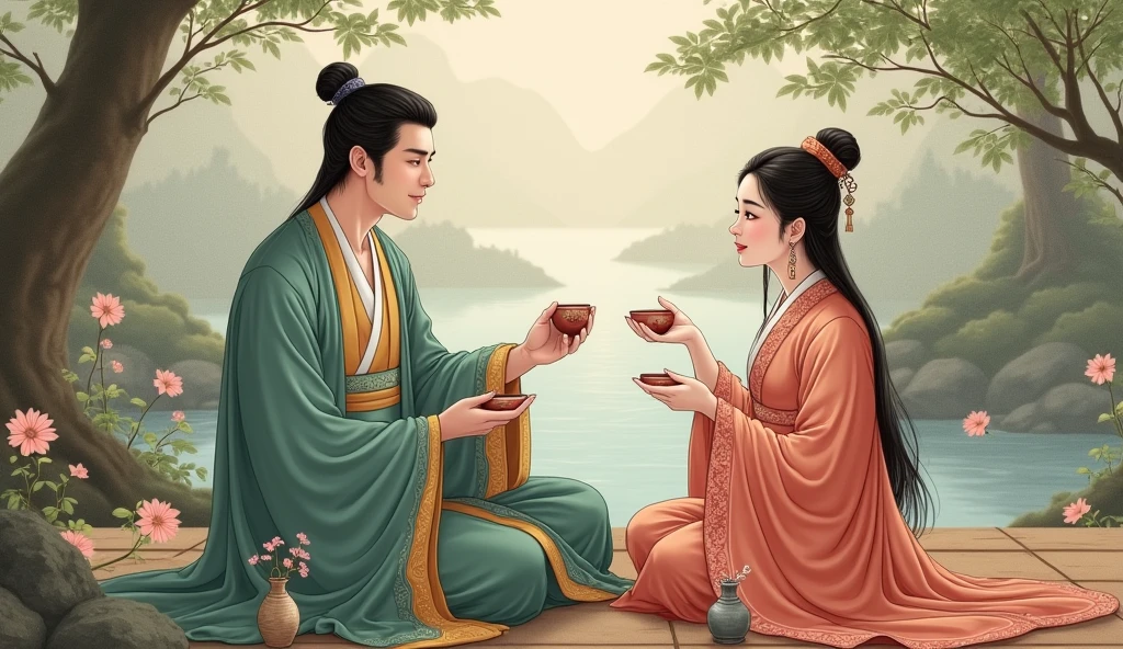 A young man in white clothes sits and prepares medicine with a clay pot in a pile of firewood. A young woman sits and watches with interest, even though her clothes are off, revealing her breasts, in a hut in the middle of the forest. A story from the Hanfu period in China.