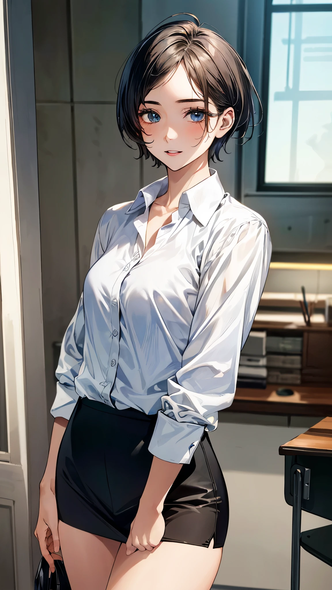masterpiece、highest quality、Super detailed、High resolution illustrations、enhance the charm of your eyes、depicted in detail、perfect body structure、The old lady is a school teacher、facial wrinkles、gray hair、Take off your business suit、show something good、thin、flat chest、blush、embarrassing、unpleasant facial expression、i hate it、frown、rumia、hot air、Sweat、Sigh、school classroom、Distract your gaze、