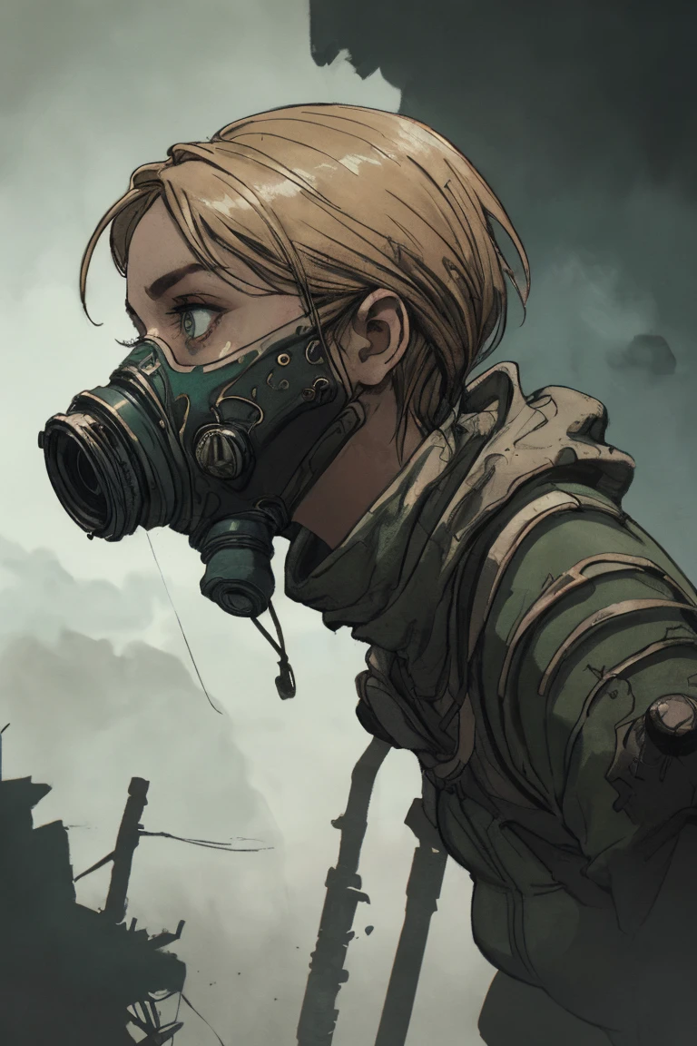 1 person, upper body, (((adult))), (((woman in her 20s))), (((mature))), standing in a wasteland, post apocalyptic setting, long dark blonde hair, dark green eyes, serious expression, wearing a gas mask, anime, no mistakes, best anatomy, wasteland background masterpiece, hq, hd detailed character, detailed face, intricately detailed, dramatic lighting, post-apocalyptic, detailed textures, moody lighting, cinematic composition, muted color palette, sense of isolation and loneliness, (best quality,4k,8k,highres,masterpiece:1.2),ultra-detailed, intricate details, dramatic shadows, natural lighting, atmospheric haze