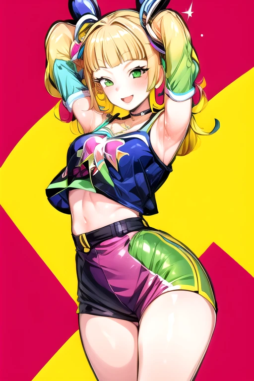 ( best quality, Super detailed),  1 girl, Alone,  arms crossed behind , Flashy修正, happy, Flashy,  too many accessories, colorful, Kogal, High waist hot pants,  Detached Sleeves ,  choker, Smiling face, Green,