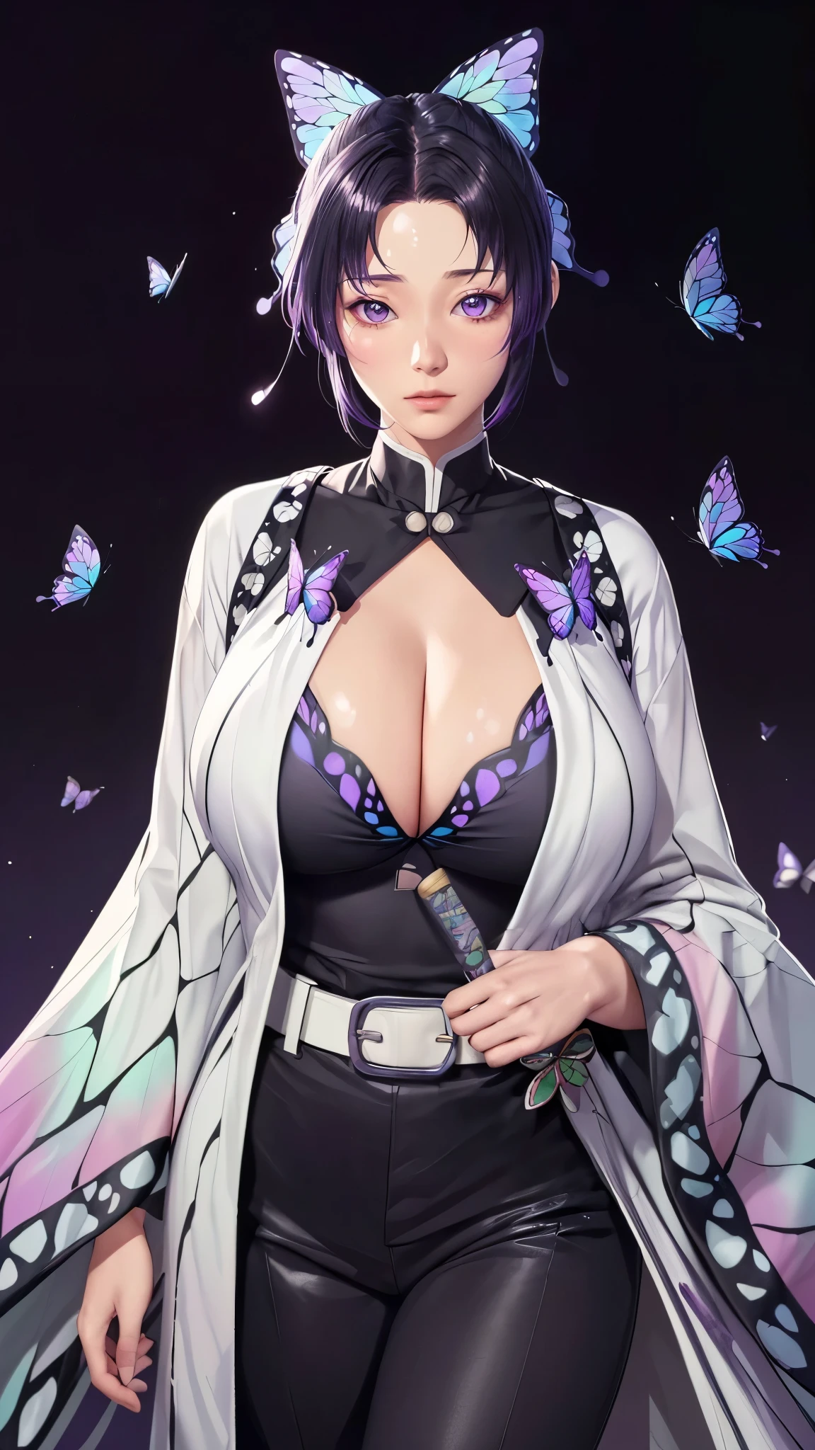 (（（figure，御姐figure,White and tender skin,（（haori, wide sleeves, long sleeves, black pants, black jacket, belt，）））,(（（kochou shinobu, butterfly hair ornament, purple eyes, multicolored hair, short hair, parted bangs, ））),,((masterpiece)),highres,((Best quality at best)),masterpiece,quality,Best quality,(（（  delicate facial features , for the audience ,））），Huge breasts，）））