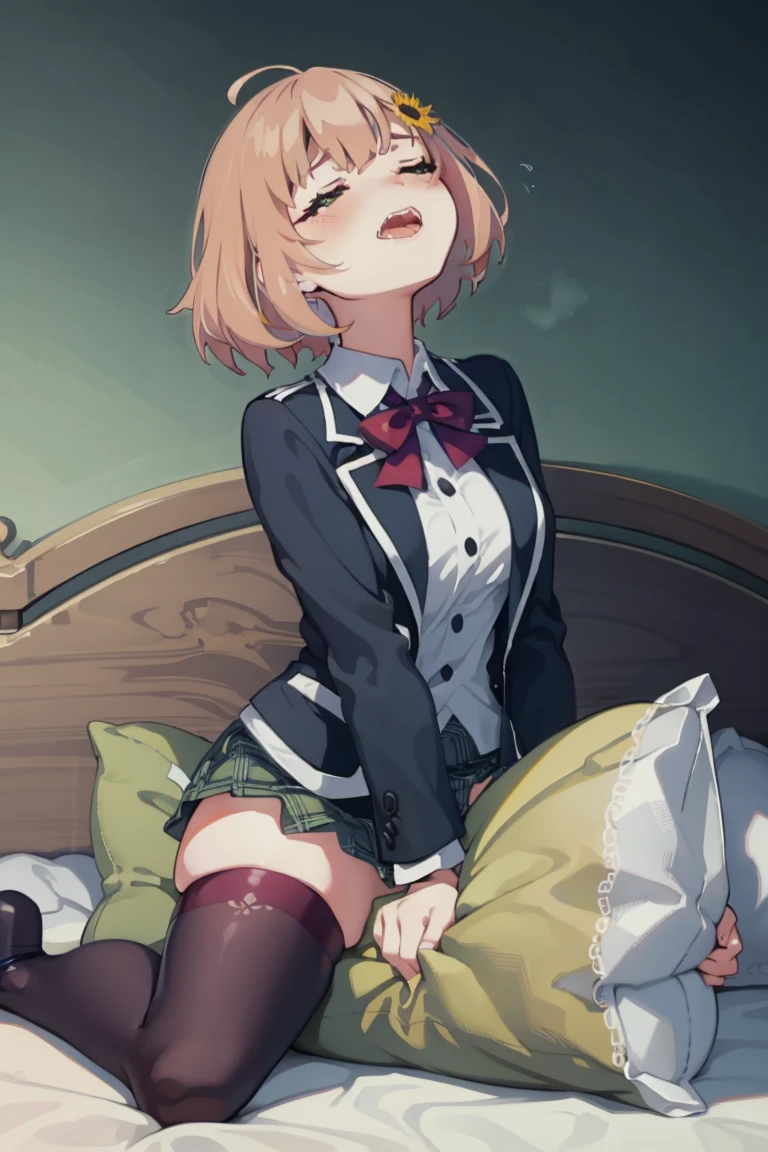 official art, best masterpiece, best quality, best resolution, 8K, best detailed, perfect anatomy
BREAK
masturbation, Straddling, pillow humping, crotch rub, (big thick pillow), (on pillow:1.2), hand between legs, (put hand on breast:1.2), (put hand on vaginal:1.3), (leaning forward, Look up:1.35), (trembling:1.5)
BREAK
honma himawari, brown hair, green eyes, ahoge, sunflower hair ornament, school uniform, black jacket, plaid skirt, thighhighs, (large breasts)
BREAK
(female orgasm, ahegao:1.2), (half closed your eyes:1.4), (furrowing brow:1.5), (sad:1.3)
BREAK
Soft lighting, indirect lighting, absurd, (bed), very fine and detailed 16KCG wallpapers