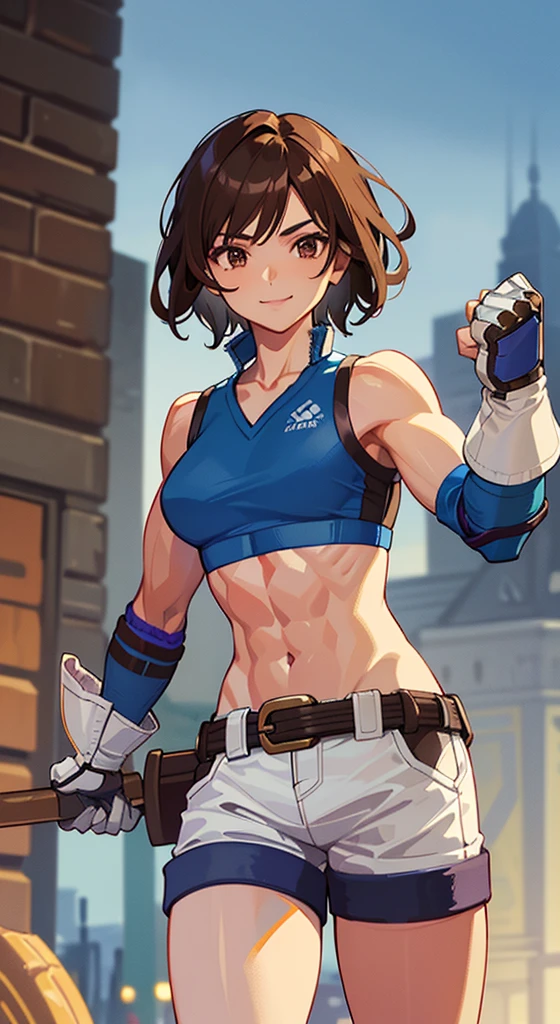 "(masterpiece、premium quality:1.2)、alone、1 girl(Asuka Kazama、muscular woman、short brown hair、white skin、brown eyes)、cowboy shot、Faint smile、combat readiness、tight clothes、good for sports、crop top、shorts、(gloves:1.1)、internal、elbow pad、abdomen、trained abdominal muscles、trained biceps