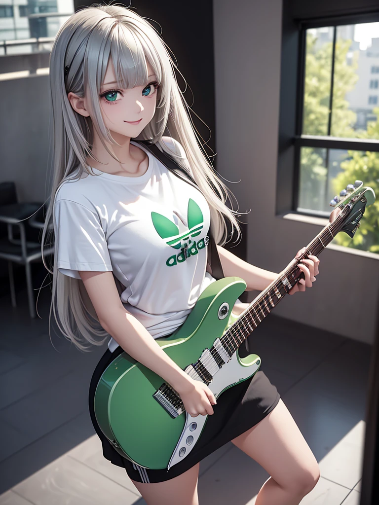 8k, Best Quality, The real picture,  complicated details, Very detailed,  super high definition, Depth Field, ( realistic, realistic), Tabletop, (( shot above the knee)), (((Standing and playing an electric guitar))), ((( 1 girl))), eye_Chan,  so beautiful, innocent big eyes, Beautiful breasts, 非常に詳細なeye, (Beautiful breasts), ((Silver Hair)), ( short semi long hair), (Asymmetrical bangs), Perfect Skin, Fair skin, Small breasts, Tight waist, Alone,  Stares at Viewers , (smile), ((light green adidas long t-shirt)), ( black miniskirt in a window seat), (Standing in the concert hall )