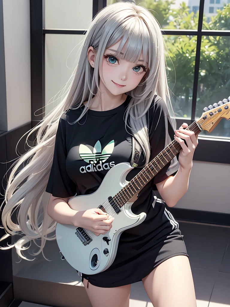 8k, Best Quality, The real picture,  complicated details, Very detailed,  super high definition, Depth Field, ( realistic, realistic), Tabletop, (( shot above the knee)), (((Standing and playing an electric guitar))), ((( 1 girl))), eye_Chan,  so beautiful, innocent big eyes, Beautiful breasts, 非常に詳細なeye, (Beautiful breasts), ((Silver Hair)), ( short semi long hair), (Asymmetrical bangs), Perfect Skin, Fair skin, Small breasts, Tight waist, Alone,  Stares at Viewers , (smile), ((light green adidas long t-shirt)), ( black miniskirt in a window seat), (Standing in the concert hall )