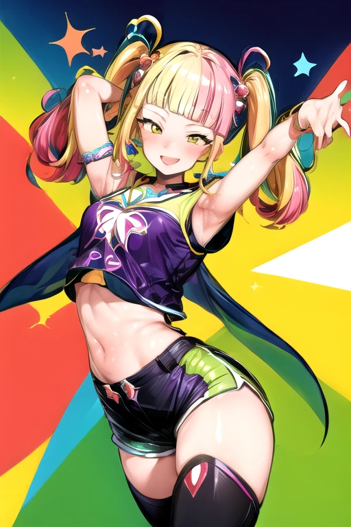 ( best quality, Super detailed),  ****ung very small girl, Alone,  arms crossed behind , Flashy修正, happy, Flashy,  too many accessories, colorful, Kogal, Brat，low waist hot pants ,  Detached Sleeves , Pet Collars，Smiling face, Green,