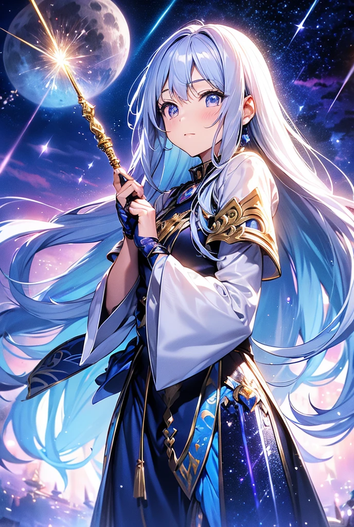 ・Beautiful girl wearing a blue and purple aura 、 holding a magic wand
・Silver hair 、Golden Eyes、 armor that shines like jewels
・The background is the night sky and full moon 、 fantastic scenery with twinkling stars
・Her expression is brave and 、 full of determination to take on the challenge
・Magical light emits from the tip of the cane、 with effects spreading to her surroundings 