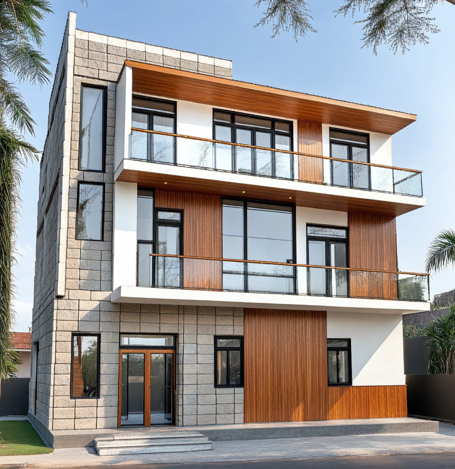 Modern modern house, stone wall, wood paneling, wood ceiling, lots of trees, warm interior lighting, lots of trees outside, street front, cars, daytime, sunny, blue sky RAW photo, (high detailed skin:1.2), 8k UHD, DSLR, soft lighting, high quality, film grain, Fujifilm XT3 extremely detailed, best quality, masterpiece, high resolution, Photorealism, Hyperrealistic, Realistic, 8K,corona render, octane render, 3ds max.