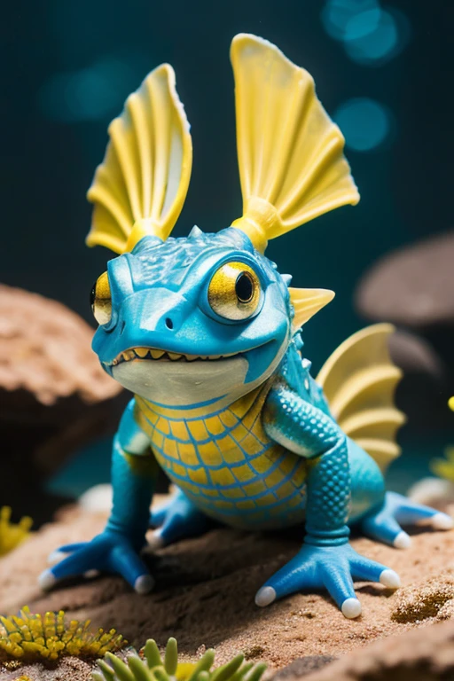 a little blue murloc with yellow face fins, masterpiece, accurate, textured skin, super detail, high details, high quality, award winning, best quality, highres, 4K